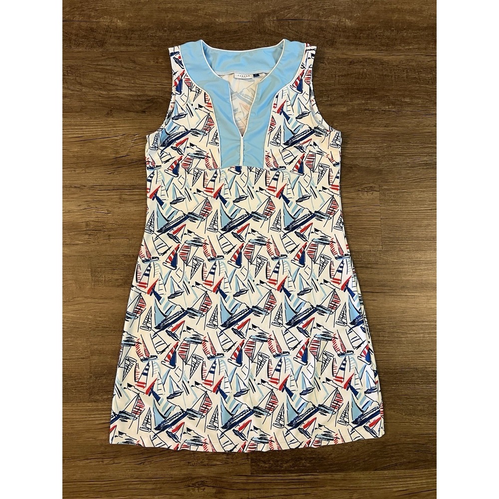 Cabana‎ Life Tunic Dress Womens Small Blue Sailboat AOP V Neck Sleeveless I35